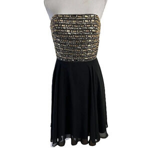 Aqua Strapless Beaded Sequins Dress Size 8 Short Lace Up Backside Black and Gold